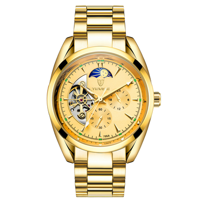 TEVISE Classic Automatic Partial Skeleton Moonphase Gold Edition Watch