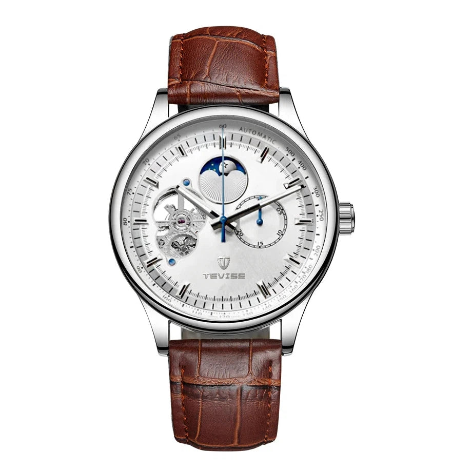 TEVISE Namura Classic Moonphase Skeleton Watch Silver/Brown