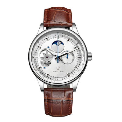 TEVISE Namura Classic Moonphase Skeleton Watch Silver/Brown