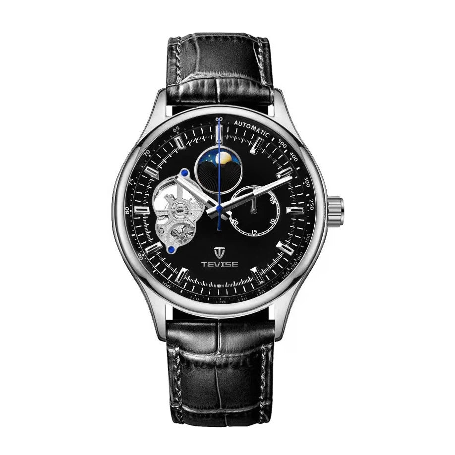 TEVISE Namura Classic Moonphase Skeleton Watch Silver/Black