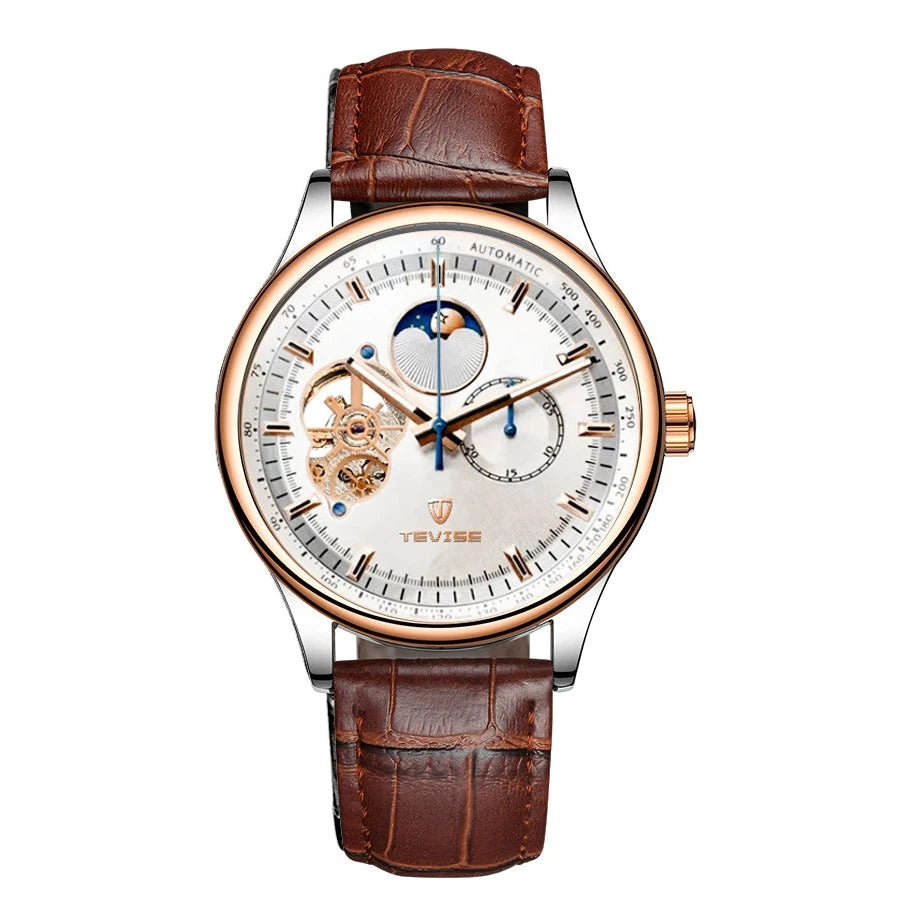 TEVISE Namura Classic Moonphase Skeleton Watch Rose Gold / Brown