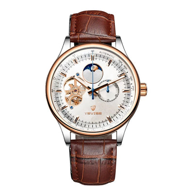 TEVISE Namura Classic Moonphase Skeleton Watch Rose Gold / Brown