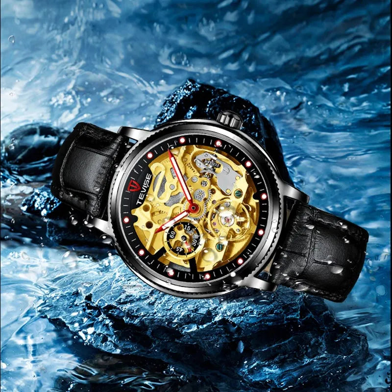 TEVISE Namura Skeleton Automatic Black/Gold Red Arm Watch