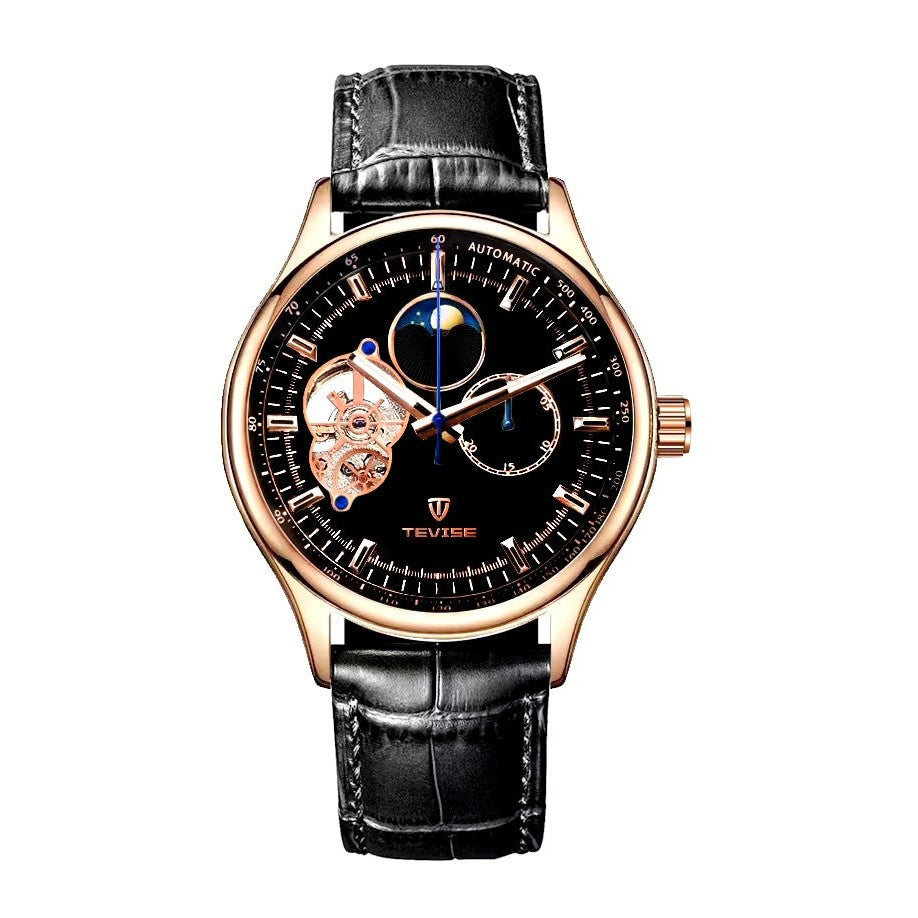 TEVISE Namura Classic Moonphase Skeleton Watch Rose Gold / Black