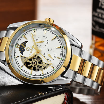 TEVISE Classic Automatic Partial Skeleton Moonphase Two Tone/White Watch