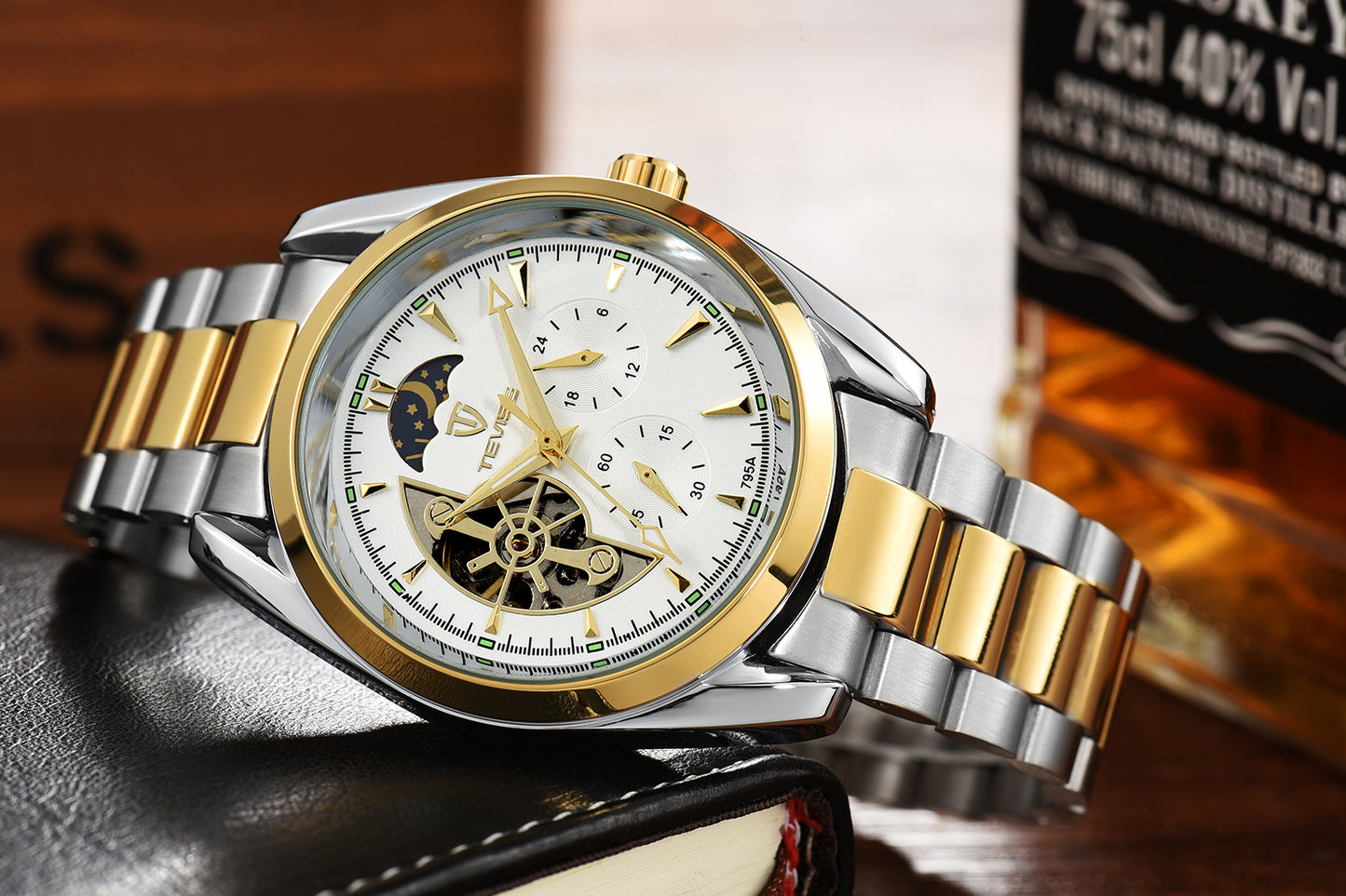 TEVISE Classic Automatic Partial Skeleton Moonphase Two Tone/White Watch