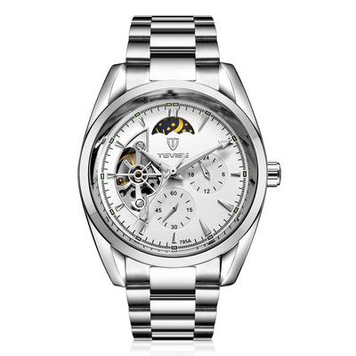 TEVISE Classic Automatic Partial Skeleton Moonphase Silver/White Watch