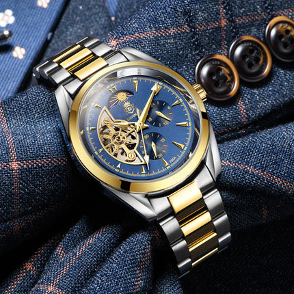 TEVISE Classic Automatic Partial Skeleton Moonphase Two Tone/Blue Watch