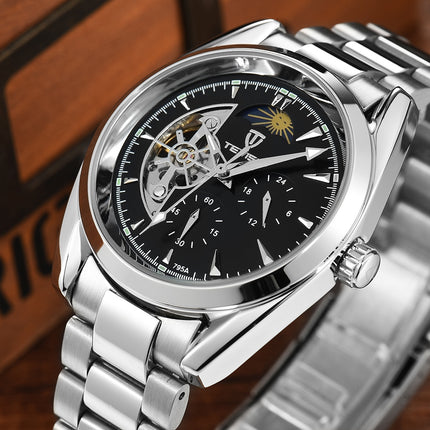 TEVISE Classic Automatic Partial Skeleton Moonphase Silver/Black Watch