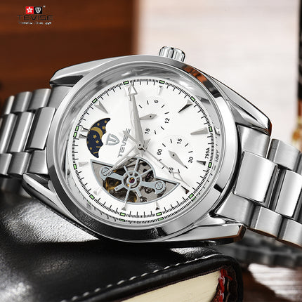 TEVISE Classic Automatic Partial Skeleton Moonphase Silver/White Watch