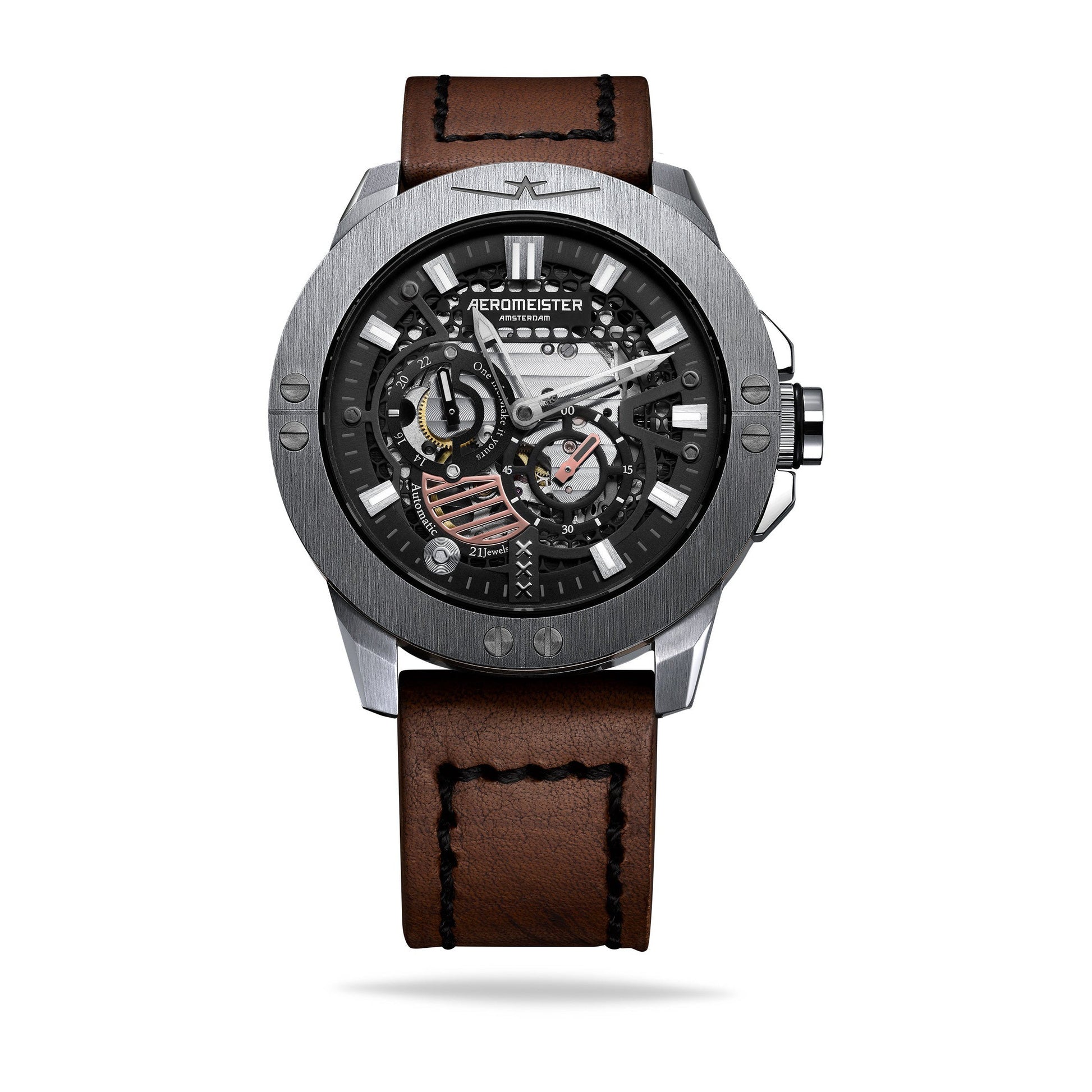 Aeromeister Amsterdam Craftman X16 S10 Canyon Cognac Leather strap with silver buckle