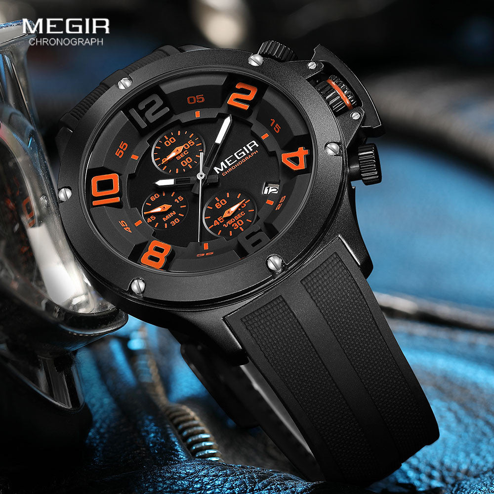 MEGIR Men's Submarine II Chronograph Date 47mm Silicone Strap Watch Black/Orange