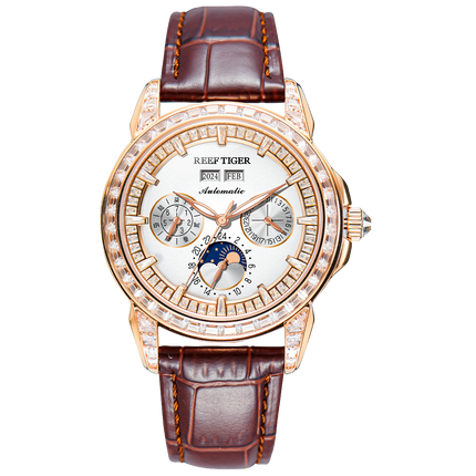 Reef Tiger Classic Philosopher Zirconia Bezel Multifunctional Mechanical Moon Phase Automatic Watch Luxury Rose Gold RGA1988 image 0