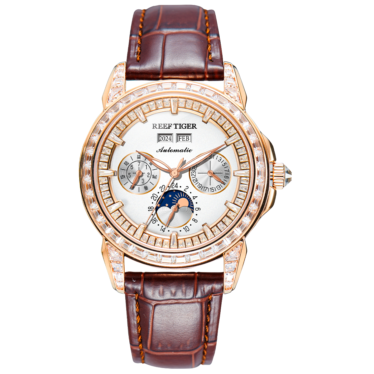 Reef Tiger Classic Philosopher Zirconia Bezel Multifunctional Mechanical Moon Phase Automatic Watch Luxury Rose Gold RGA1988 image 0