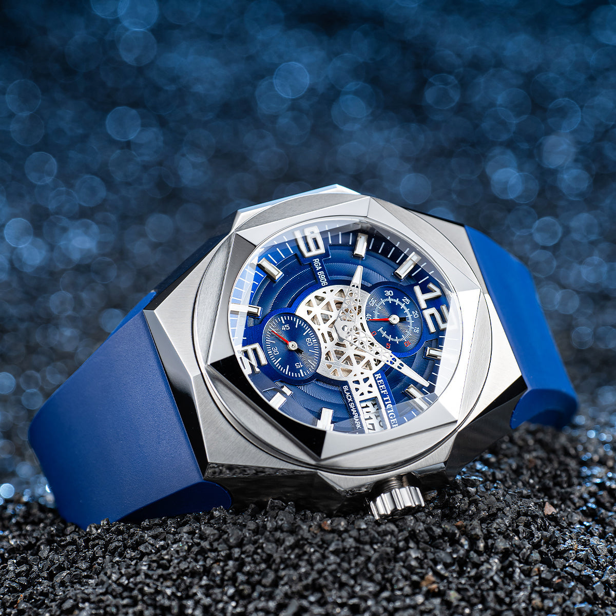 Reef Tiger Men's Black Shark Traveler Multifunctional Automatic Mechanical Dive Watch RGA6906 Blue image 5