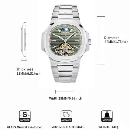 TEVISE Berlin Moonphase Open Heart Automatic Watch Silver/Green image 1