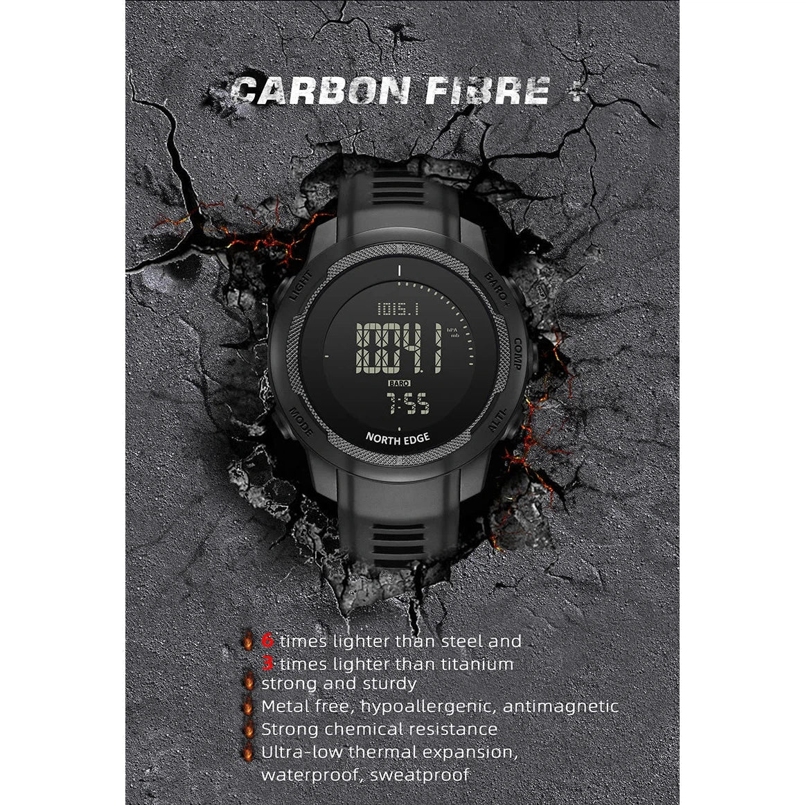NORTH EDGE Tactical Vertico Carbon Fibre Watch Black image 11