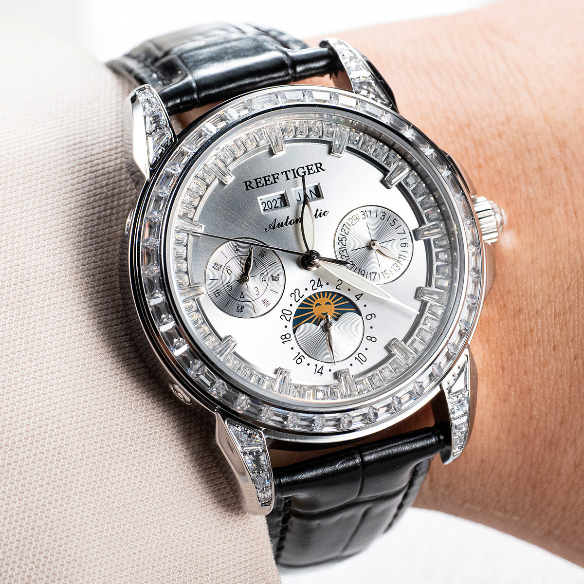 Reef Tiger Classic Philosopher Zirconia Bezel Multifunctional Mechanical Moon Phase Automatic Watch Silver RGA1988 image 3