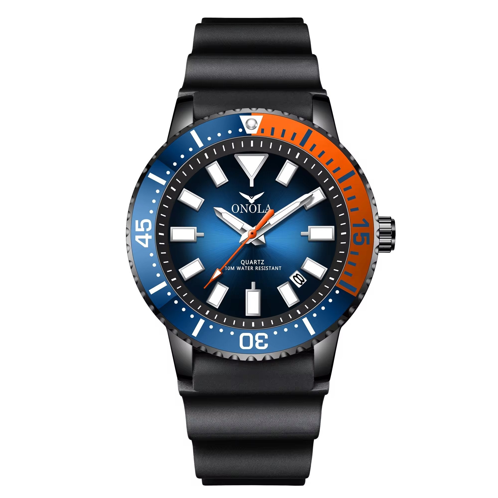 ONOLA Davaro Quartz Dive Inspired Silicone Strap Watch - Black / Orange image