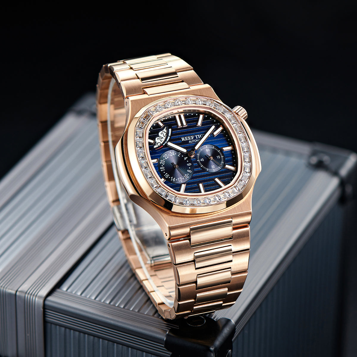 Reef Tiger Men's Peak 44mm Square Crystal Bezel Automatic Watch RGA2019 Rose Gold/Blue image 3