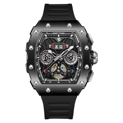 Reef Tiger Men's Aurora Titan Mechanical Multifunctional Day/Date Skeleton Automatic Watch RGA3009 Black image 0