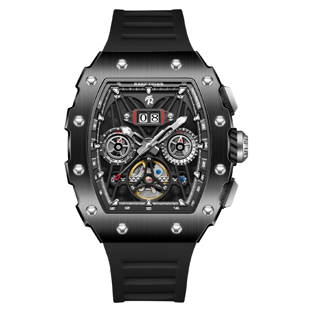Reef Tiger Men's Aurora Titan Mechanical Multifunctional Day/Date Skeleton Automatic Watch RGA3009 Black image 0