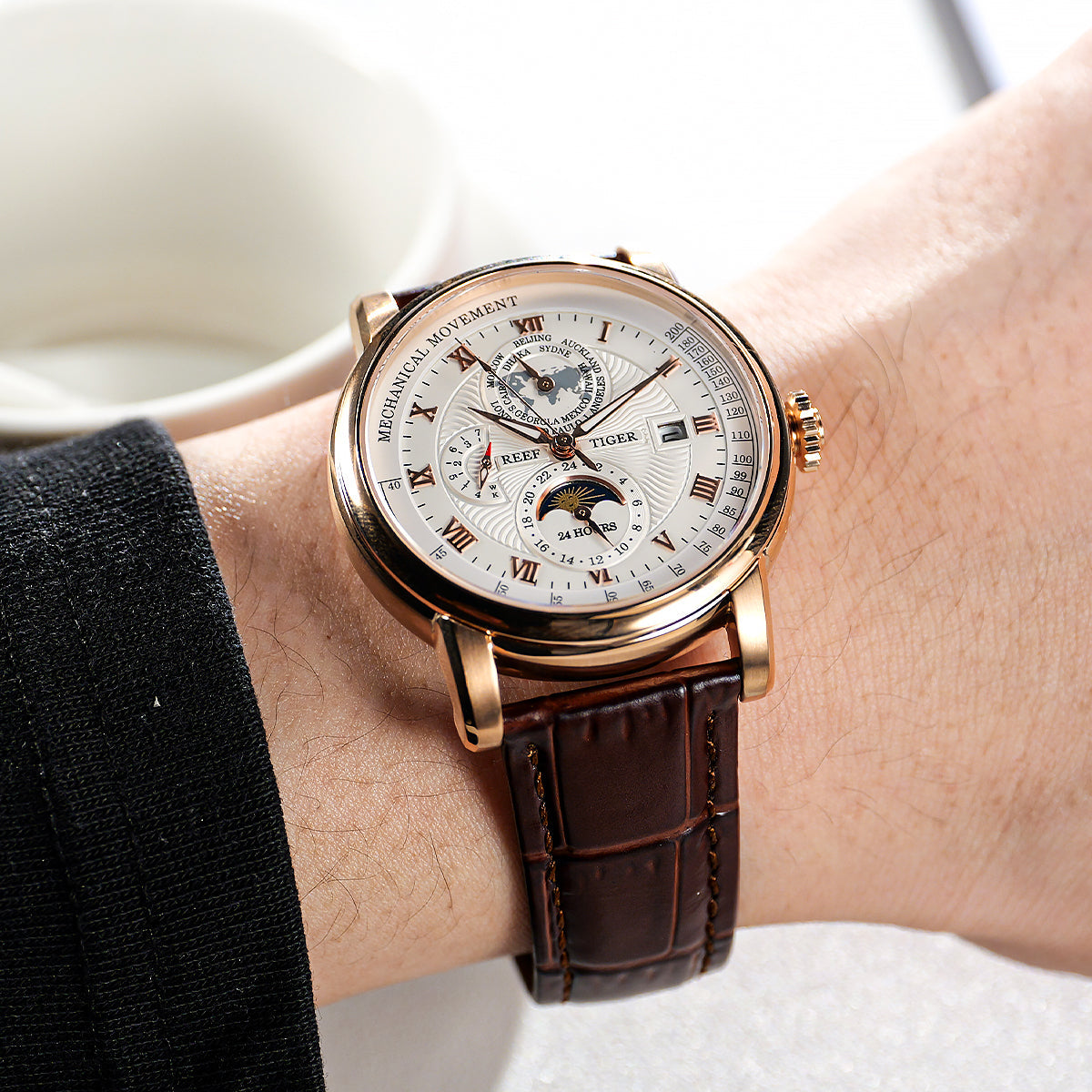 Reef Tiger Men's Artist Master II Mechanical Calendar Moon Phase Watch RGA1963 Rose/White image 3