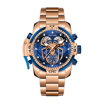 Reef Tiger Men's Aurora Spider Automatic Chronograph Watch Rose Gold/Blue - Steel image