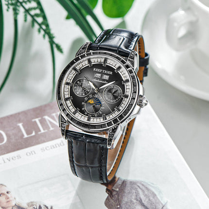 Reef Tiger Classic Philosopher Zirconia Bezel Multifunctional Mechanical Moon Phase Automatic Watch Black RGA1988 image 1