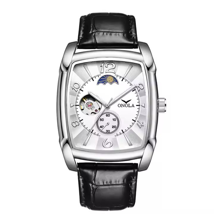 ONOLA Classic Automatic Moonphase Easy Read Tonneux Open Heart Leather Watch - Silver image