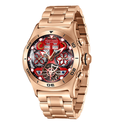 Reef Tiger Men's Aurora Air Bubbles Automatic Mechanical Skeleton Watch Rose Gold/Camel image 7