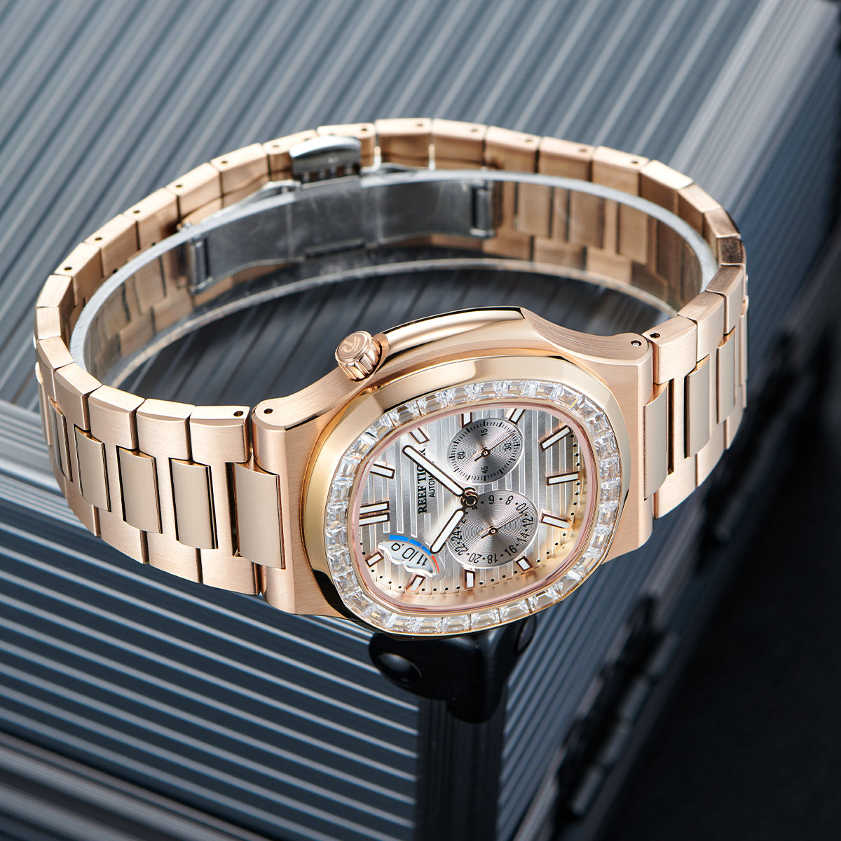 Reef Tiger Men's Peak 44mm Square Crystal Bezel Automatic Watch RGA2019 Rose Gold/White image 0