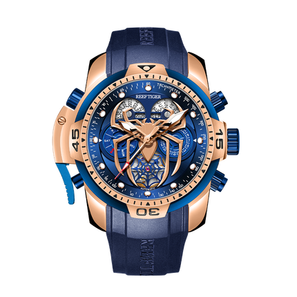 Reef Tiger Men's Aurora Spider Automatic Chronograph Watch Rose Gold/Blue image 0