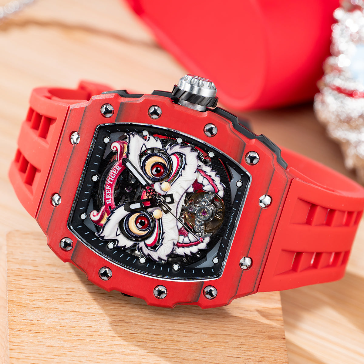 Reef Tiger Men's Chinese Lion Dance Automatic Skeleton Watch RGA3009 Red image 4
