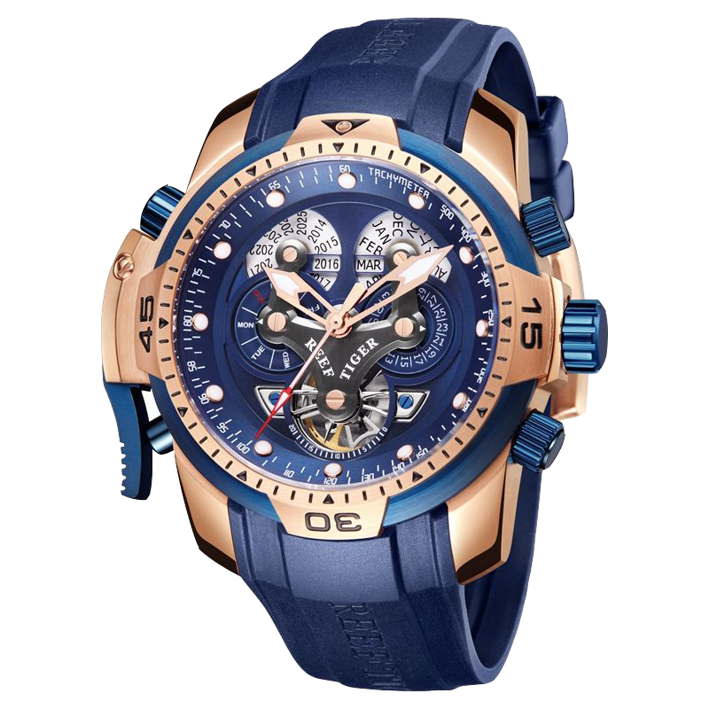 Reef Tiger Men's Aurora Concept Skeleton Automatic Mechanical Watch Rose Gold/Blue - Rubber image