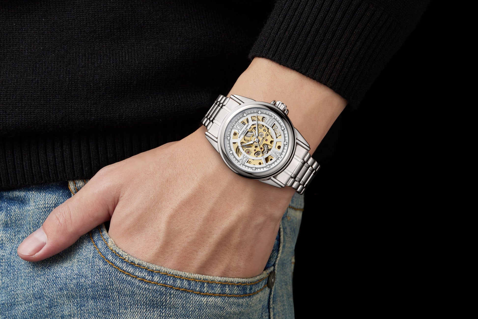 Skeleton Automatic Steel & White Mens Watch image 3