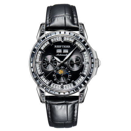 Reef Tiger Classic Philosopher Zirconia Bezel Multifunctional Mechanical Moon Phase Automatic Watch Black RGA1988 image 0
