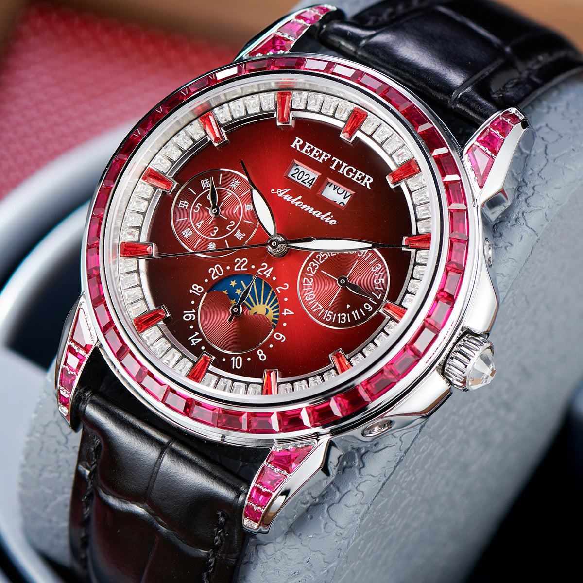 Reef Tiger Classic Philosopher Zirconia Bezel Multifunctional Mechanical Moon Phase Automatic Watch Burgandy RGA1988 image 1