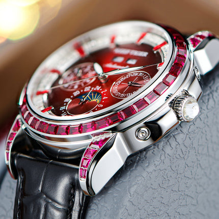 Reef Tiger Classic Philosopher Zirconia Bezel Multifunctional Mechanical Moon Phase Automatic Watch Burgandy RGA1988 image 5