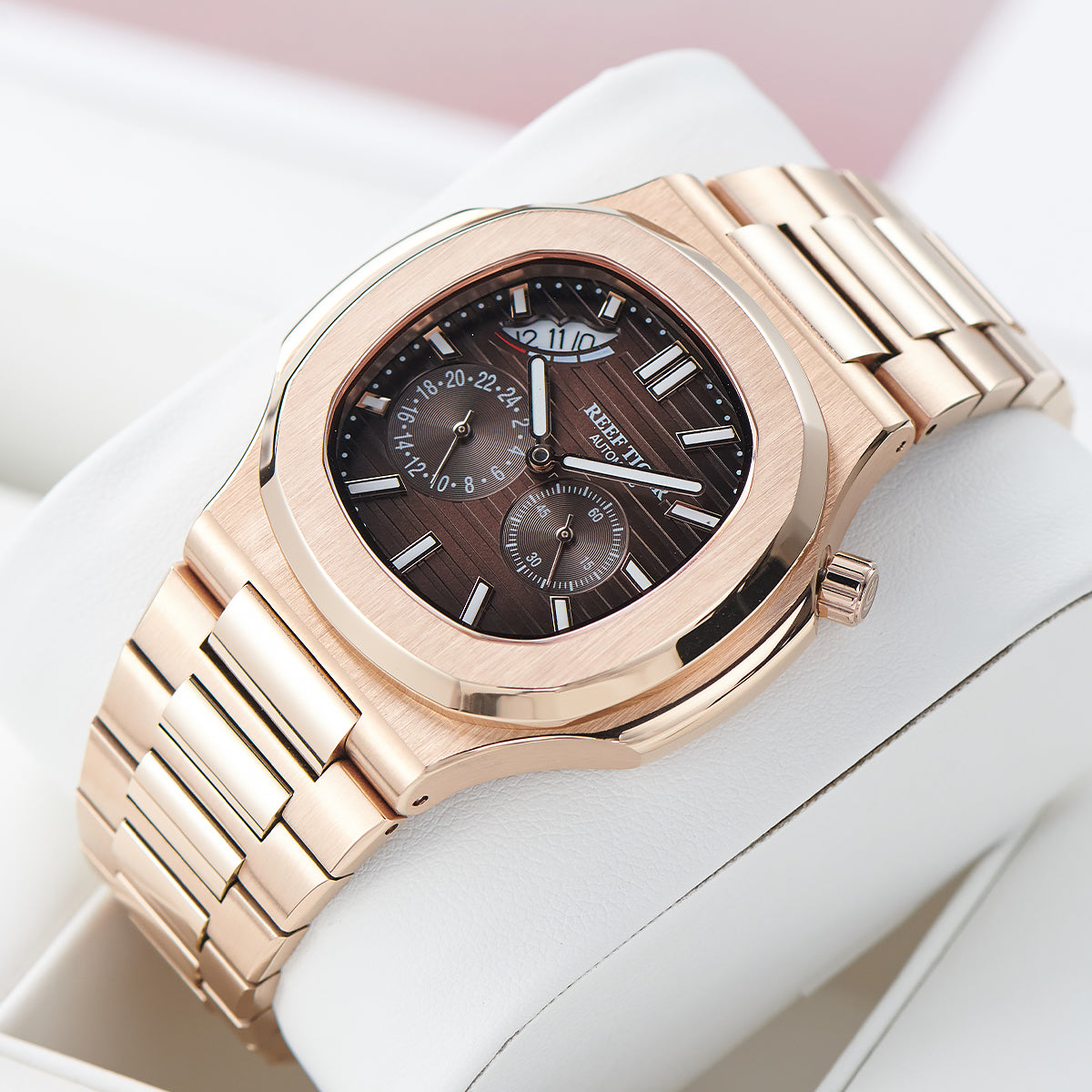 Reef Tiger Men's Peak 44mm Square Crystal Bezel Automatic Watch RGA2019 Rose Gold/Brown image 8
