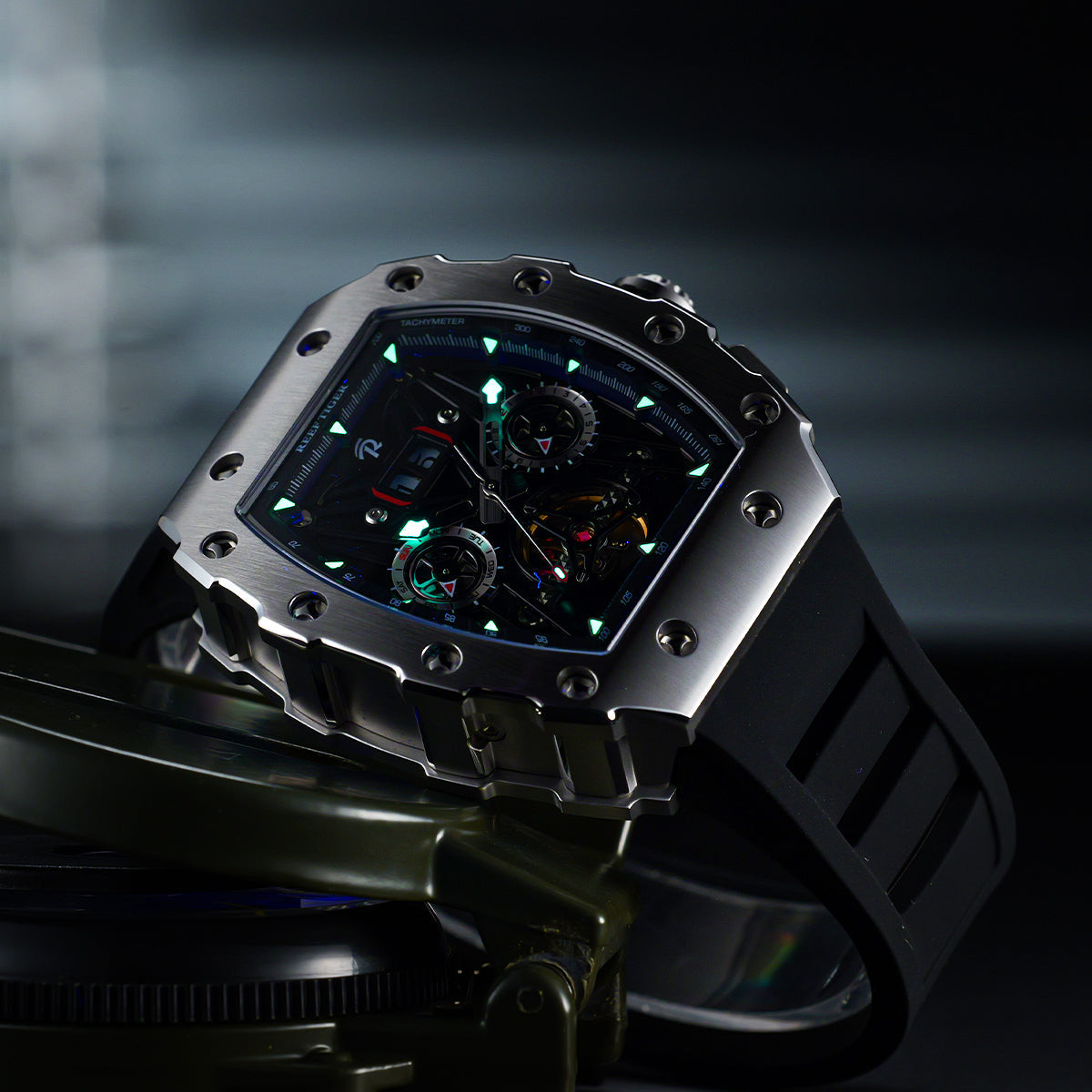 Reef Tiger Men's Aurora Titan Mechanical Multifunctional Day/Date Skeleton Automatic Watch RGA3009 Black image 4