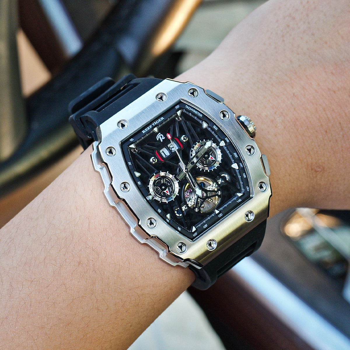 Reef Tiger Men's Aurora Titan Mechanical Multifunctional Day/Date Skeleton Automatic Watch RGA3009 image 5