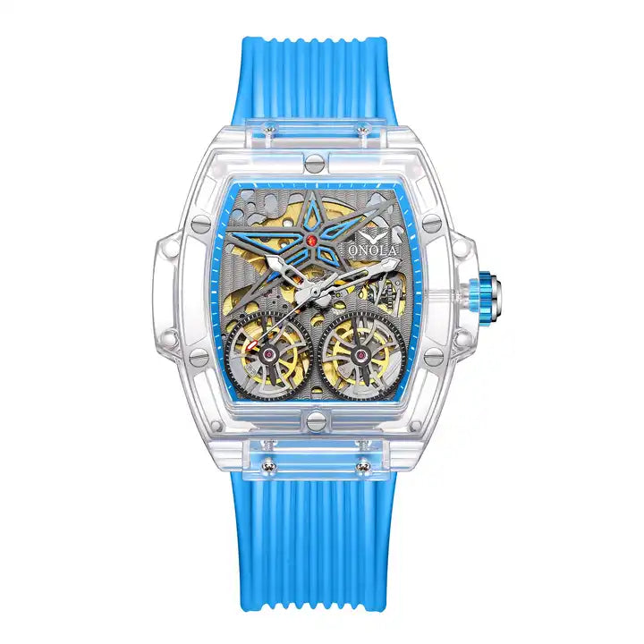 ONOLA Clear Series Plastic Transparent Maximus Double Barrel AUTOMATIC Watch - Clear / Baby Blue image