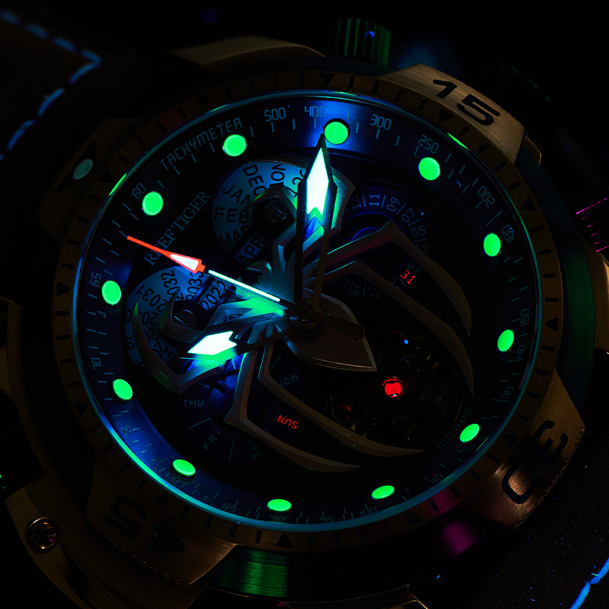 Reef Tiger Men's Aurora Spider Automatic Chronograph Watch Silver/Blue image 6