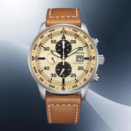 R1.00 AUCTION**CITIZEN** Men's Aviator Eco-Drive CA0880-15X Cream Tan Chronograph Watch