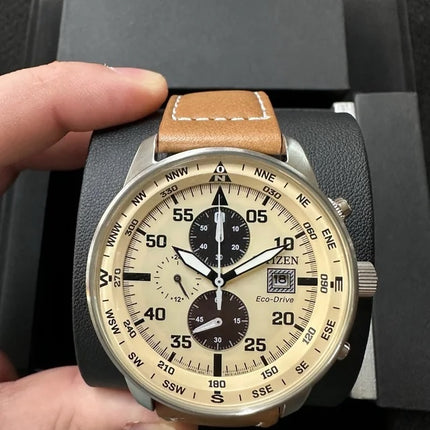 R1.00 AUCTION**CITIZEN** Men's Aviator Eco-Drive CA0880-15X Cream Tan Chronograph Watch