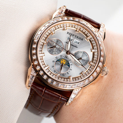 Reef Tiger Classic Philosopher Zirconia Bezel Multifunctional Mechanical Moon Phase Automatic Watch Luxury Rose Gold RGA1988 image 3