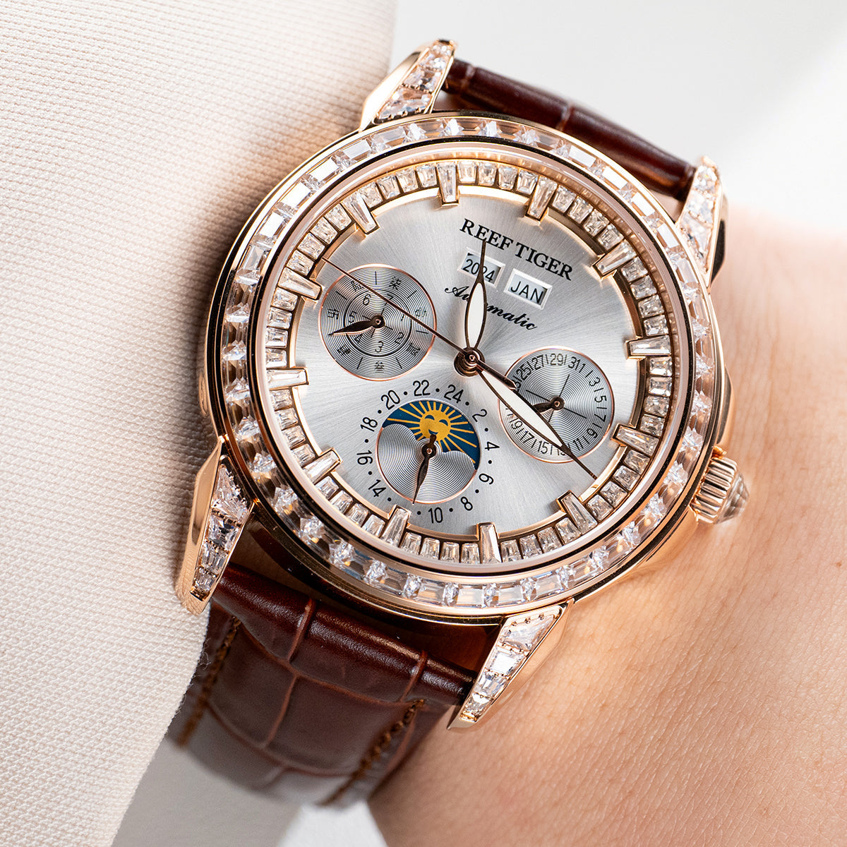 Reef Tiger Classic Philosopher Zirconia Bezel Multifunctional Mechanical Moon Phase Automatic Watch Luxury Rose Gold RGA1988 image 3