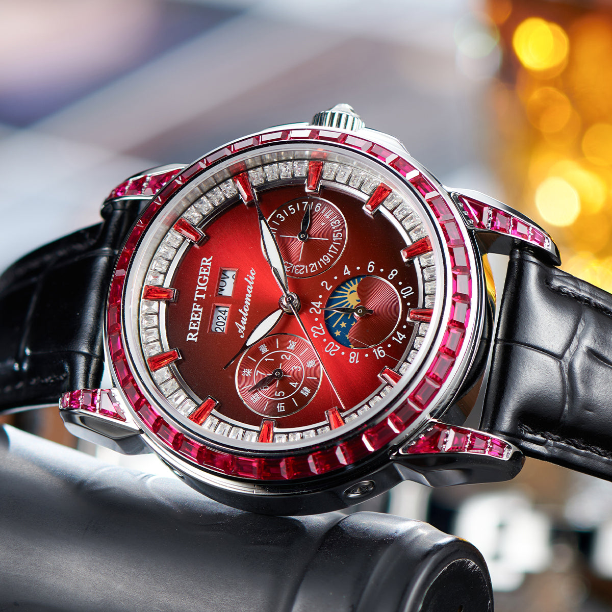Reef Tiger Classic Philosopher Zirconia Bezel Multifunctional Mechanical Moon Phase Automatic Watch Burgandy RGA1988 image 4