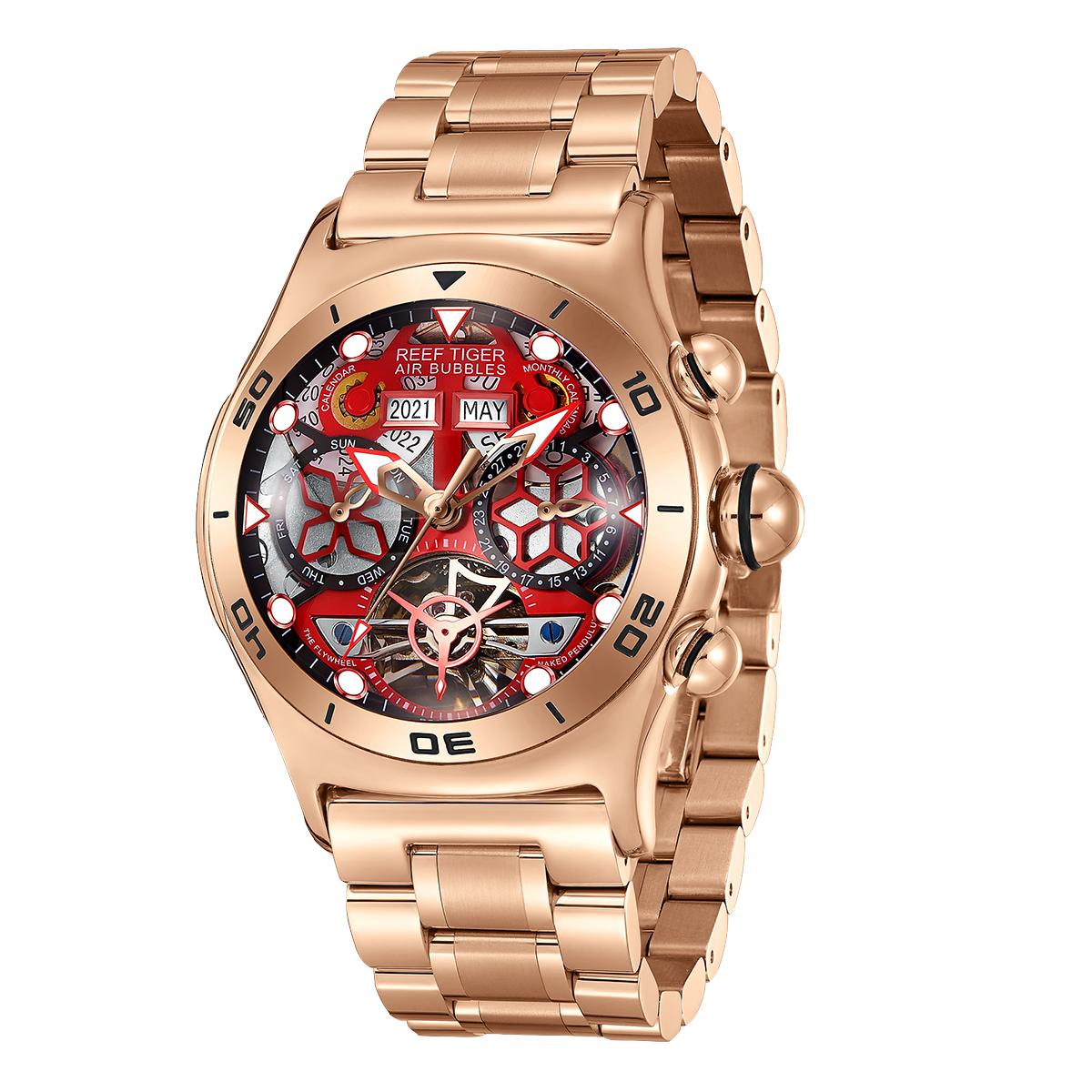 Reef Tiger Men's Aurora Air Bubbles Automatic Mechanical Skeleton Watch Rose Gold/Camel - Steel image